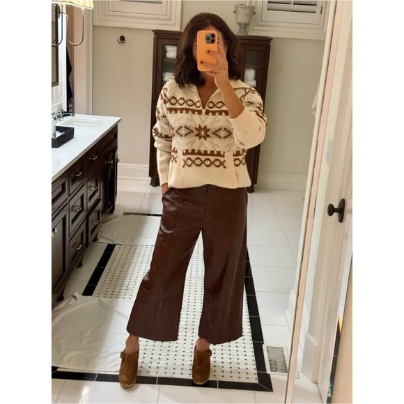 Jason Wu Faux Leather Wide‎ Leg Trousers Cropped Brown High Rise Pants Sz 8 - Picture 4 of 15